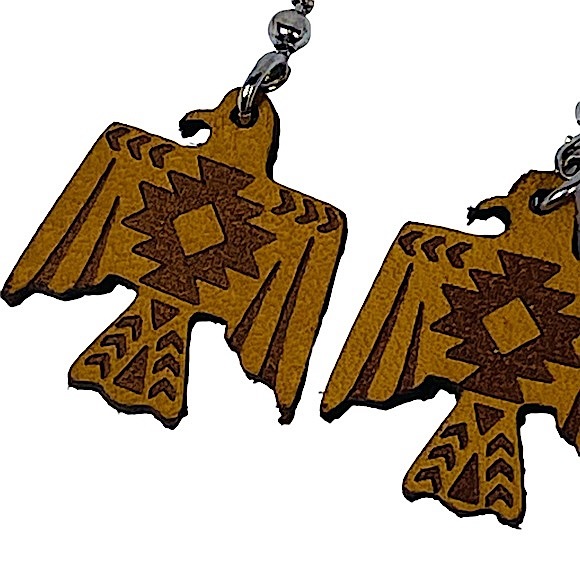 Tribal Aztec style Eagle brown/tan leather embossed dangly earrings NEW - Picture 2 of 7